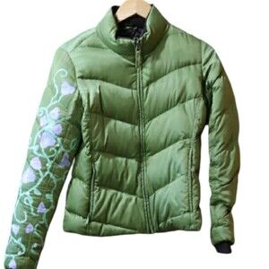 Eddie Bauer Down Green Puffer Goose Down Warm Jacket Upcycle Painted Coat XS